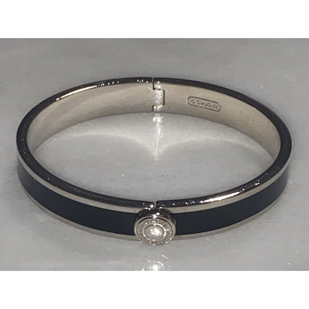 Coach Thin Push Button Black Enamel Bangle Bracelet Silver Tone Signed